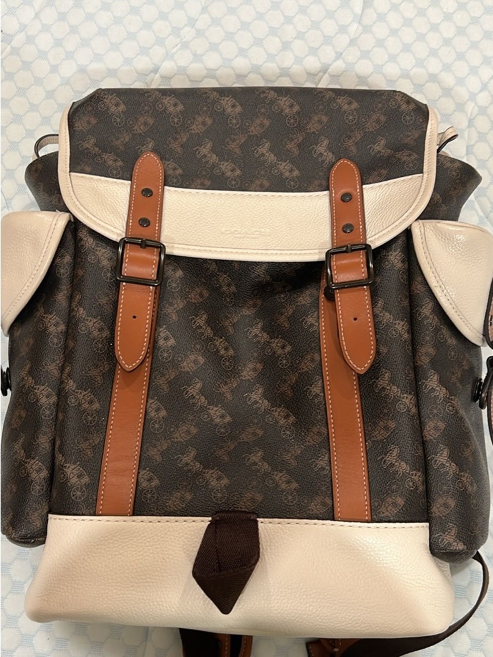 Coach Men's Brown Monogram Canvas Backpack with Cream & Tan Accents